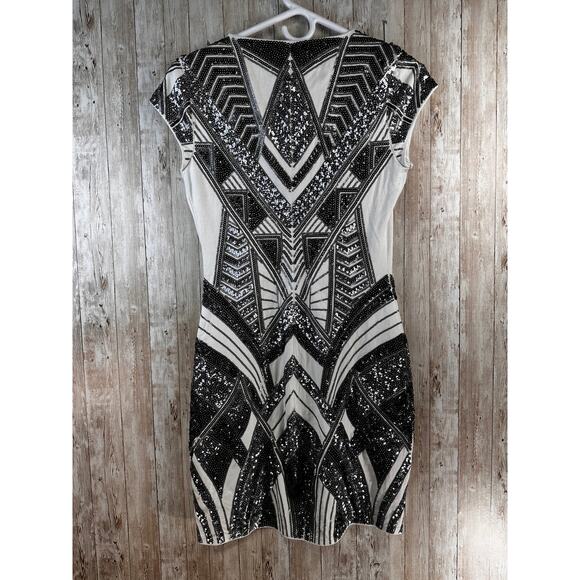 Express‎ Sheath Dress Womens S Black Silver Sequins Aztec Cap Sleeve Bodycon - Picture 2 of 12